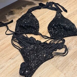 Luli Fama Black Sequin Halter Bikini Set